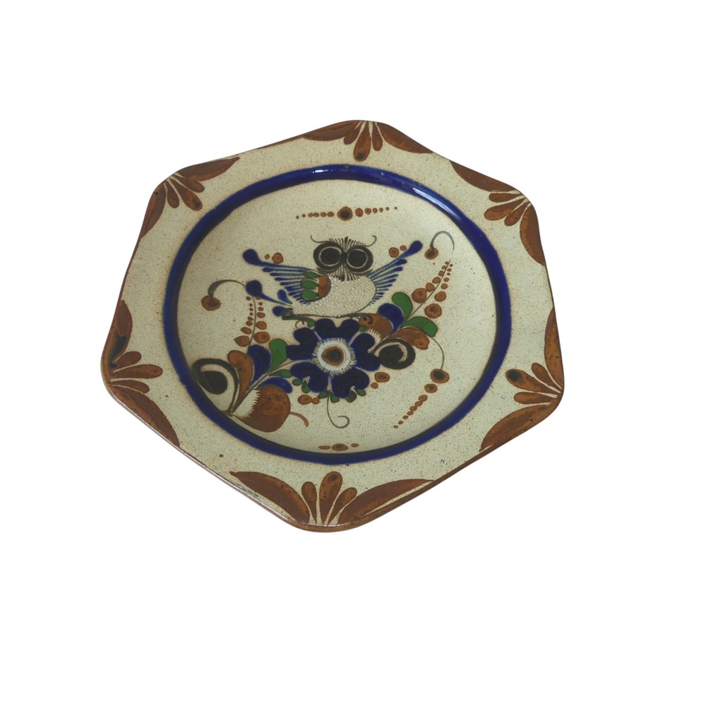 Tonala Pottery Owl Plate Hexagon Hand Painted Mexican Folk Art 10in Earthy Blue